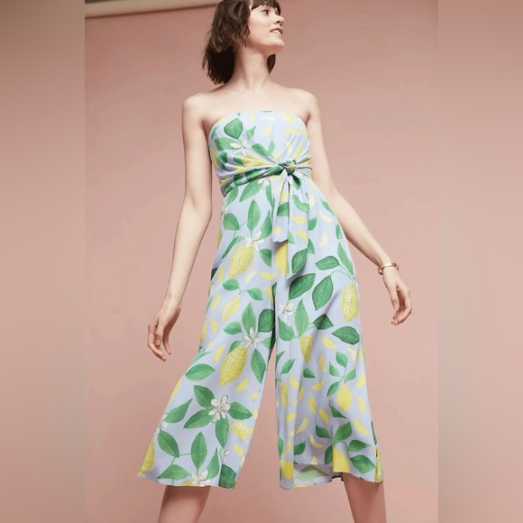 Anthropologie x Maeve Lemon Grove Strapless Lemon-Blue Wide-Leg Jumpsuit size 6 - Picture 14 of 14